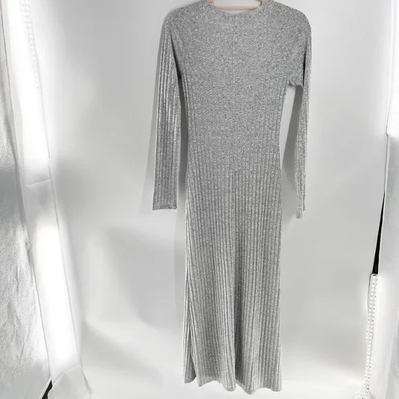 Reformation Lemon Grey Long sleeve Front Slit Round Neck Ribbed Dress  M NWT - Picture 3 of 12